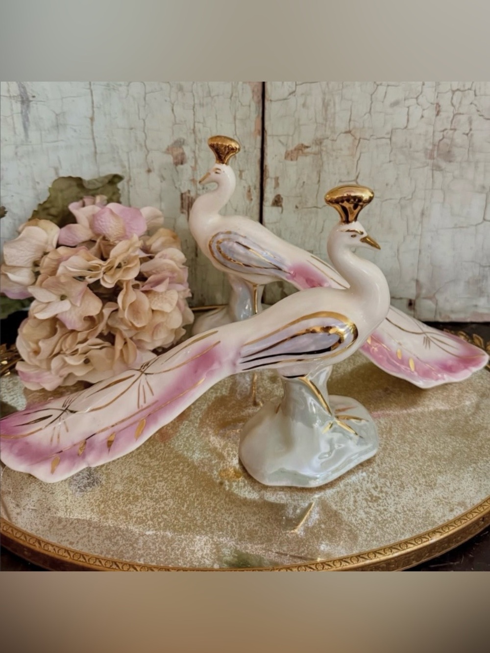 Pair of vintage porcelain peacock figurines